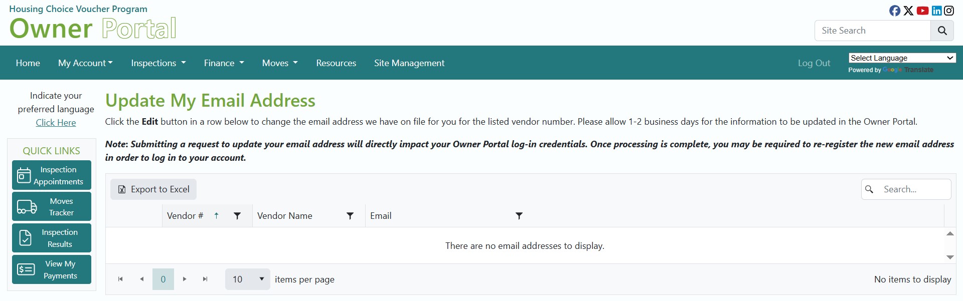 Owner Portal Update My Email Address Screen Image