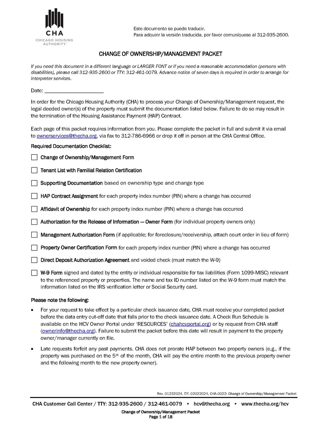 Page 1 of the Change of Ownership/Management Packet