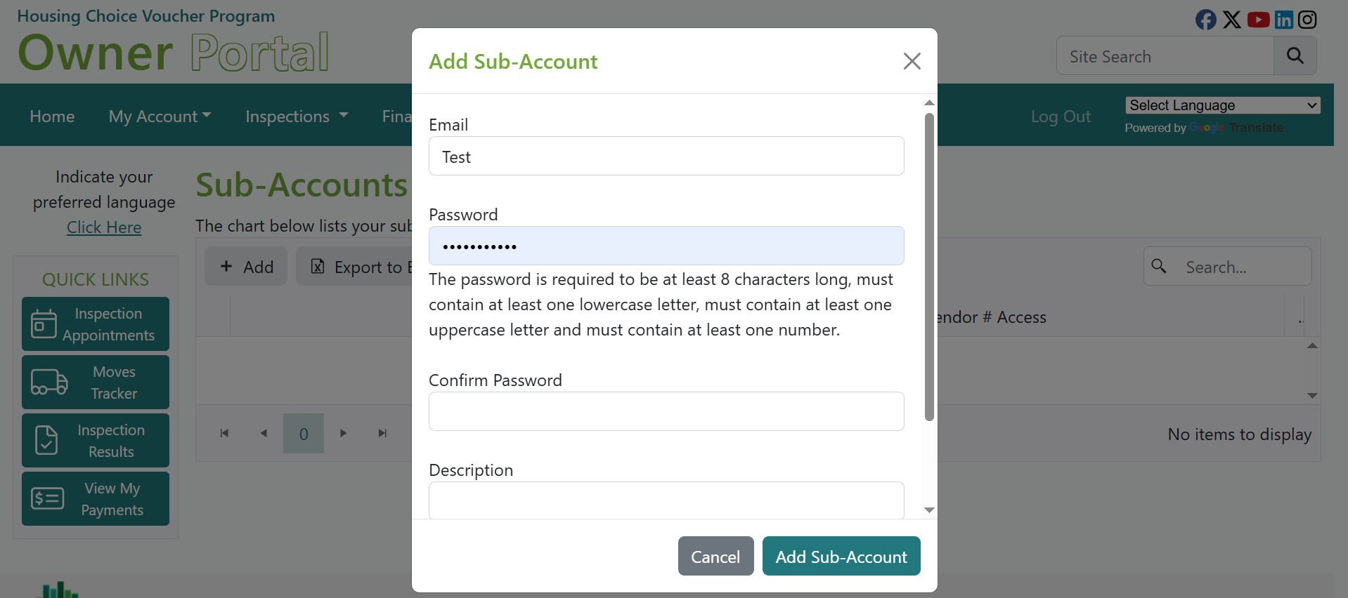 HCV Owner Portal Add Sub-Account Screen