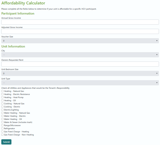 Image of Affordability Calculator Input Page
