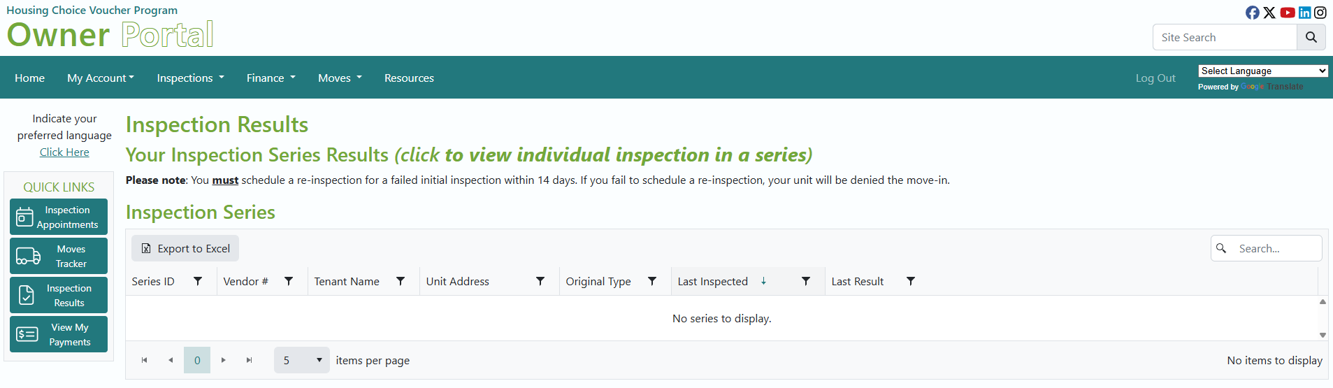 HCV Owner Portal Inspection Results Screen